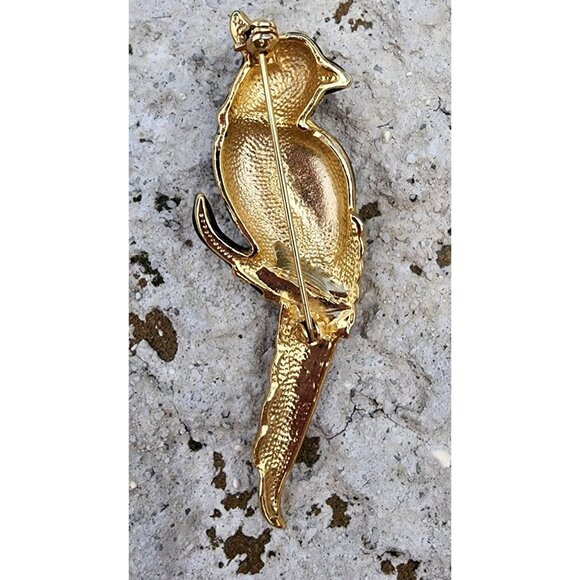 Vintage Jeweled Bird Brooch Pin - Gold Tone Blue & Green Enamel Rhinestones - Picture 3 of 4